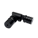 A black metal elbow component designed for use with Venus window treatments.